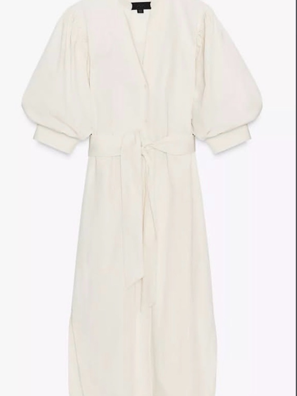 Zara Off-White Puff-Sleeve V-Neck Tie-Waist Midi Dress